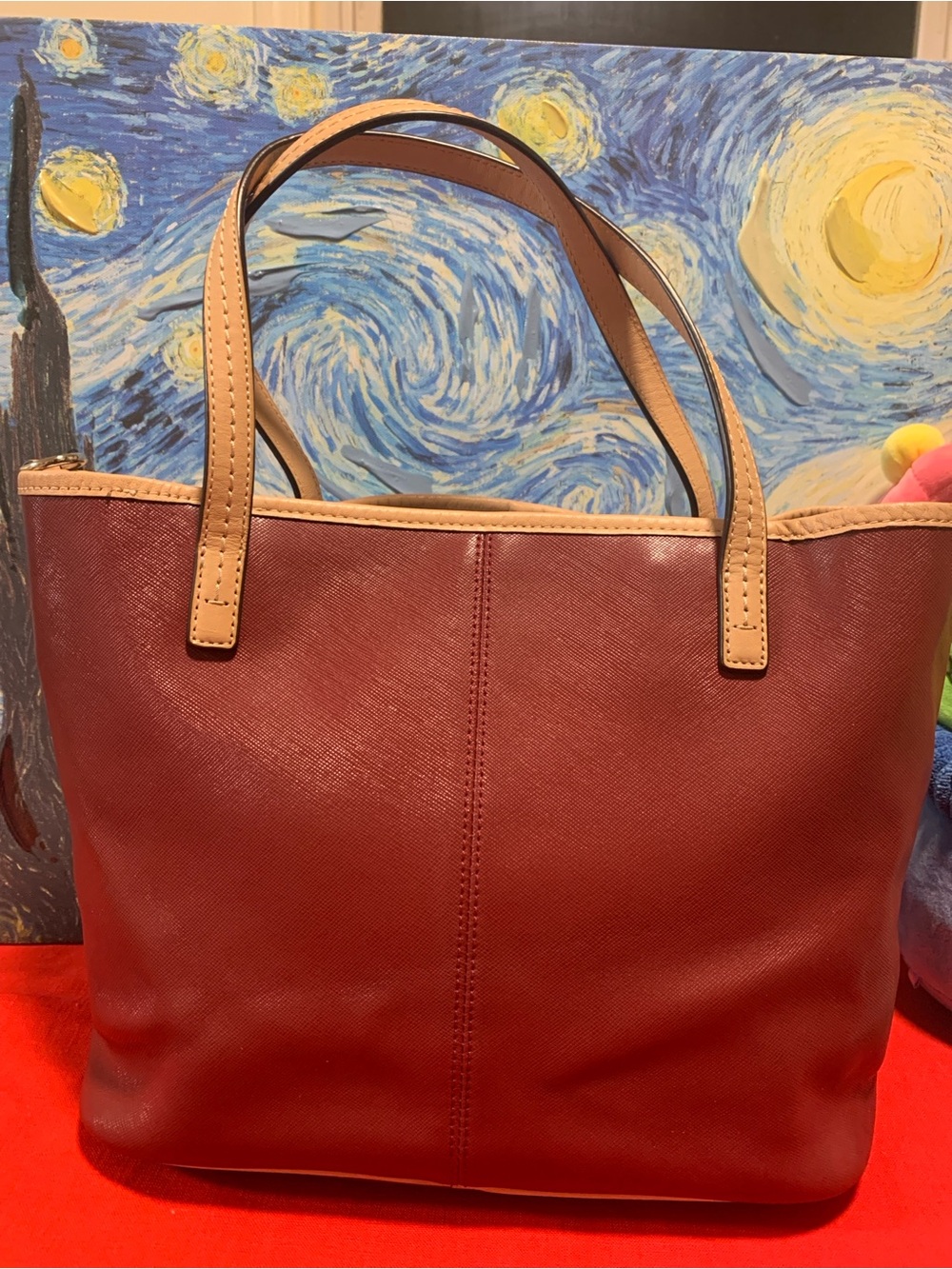 Coach New York Burgundy Tote with Tan Trim and Gold Accents - Picture 2 of 11